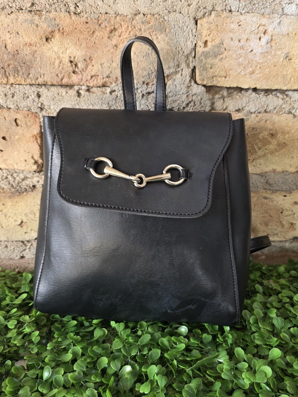 Brandy Melville Black Faux Leather Snaffle Bit Mini Backpack Flap Closure